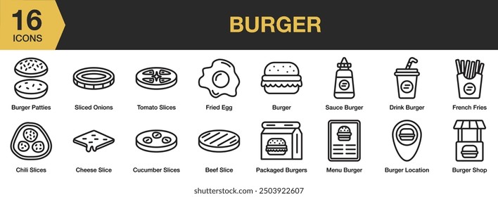 Conjunto de iconos de hamburguesa. Incluye rebanada de carne, rebanada de queso, huevo frito, salsa, hamburguesa, tienda de hamburguesas y más. Colección de Vector de iconos de contorno.