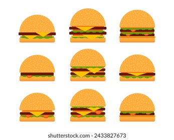 Burger icon set isolated on white background. Collection of cheeseburger and hamburger icons. Cheeseburger with two cutlets. Bun with sesame seeds, cutlet, cheese and sauces. Vector illustration