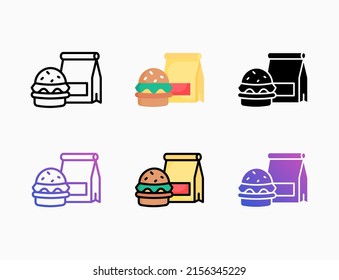 Burger icon set with line, outline, flat, filled, glyph, color, gradient. Editable stroke and pixel perfect. Can be used for digital product, presentation, print design and more.