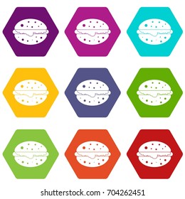 Burger icon set many color hexahedron isolated on white vector illustration