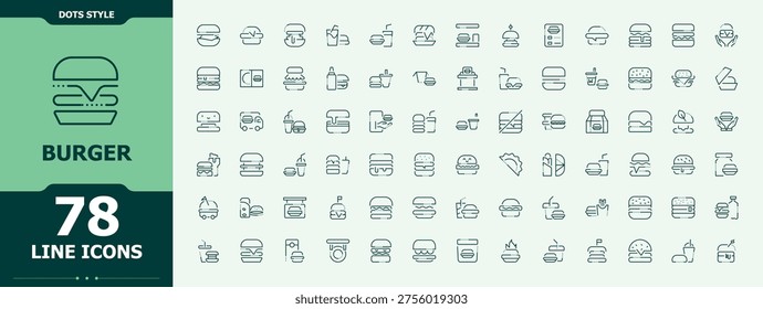 Burger icon set. Snack modern icon set. Pack of cheesecheese, bread, food, sandwich, hameat and more. Editable vector stroke.