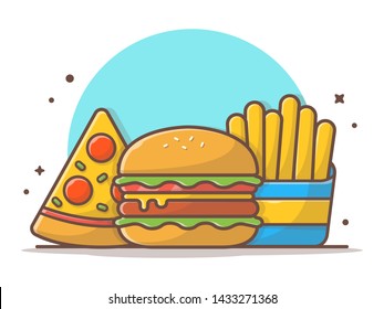 Burger Icon with Slice of Pizza and French Fries. Fast Food Logo. Cafe and Restaurant Menu. Flat Cartoon Style Suitable for Web Landing Page,  Banner, Flyer, Sticker, Card, Background