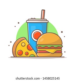 Burger Icon with Slice of Pizza and Soda Vector Icon Illustration. Fast Food Logo. Cafe and Restaurant Menu. Flat Cartoon Style Suitable for Web Landing Page,  Banner, Flyer, Sticker, Card, Background