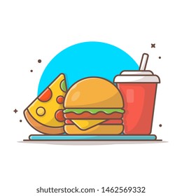Burger Icon with Slice of Pizza and Soda Vector Icon Illustration. Fast Food Logo. Cafe and Restaurant Menu. Flat Cartoon Style Suitable for Web Landing Page,  Banner, Flyer, Sticker, Card, Background