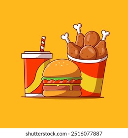 Burger Icon with Soda and chicken bucket Vector Illustration. Hamburger Fast Food Logo. Cafe and Restaurant Menu. Flat Cartoon Style Suitable for Web Landing Page, Banner, Flyer, Sticker, Background