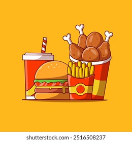 Burger Icon with Soda, chicken bucket and French fries Vector Illustration. Hamburger Fast Food Logo. Cafe and Restaurant Menu. Flat Cartoon Style Suitable for Web Landing Page, Banner, Sticker. 