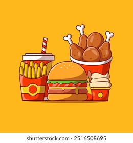 Ícone de hambúrguer com refrigerante, balde de frango, batatas fritas e gelo Ilustração Vetor. Hambúrguer Fast Food Logo. Menu Café e Restaurante. Flat Cartoon Style Adequado para Página Inicial Web, Banner, Adesivo. 