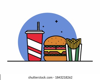 Burger Icon with Soda and french fries Vector Illustration. Hamburger Fast Food Logo. Cafe and Restaurant Menu. Flat Cartoon Style Suitable for Web Landing Page, Banner, Flyer, Sticker, Card