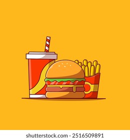 Burger Icon with Soda and French fries Vector Illustration. Hamburger Fast Food Logo. Cafe and Restaurant Menu. Flat Cartoon Style Suitable for Web Landing Page, Banner, Sticker. 