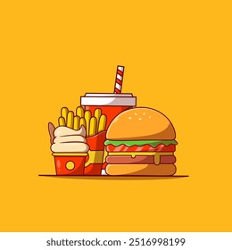 Burger Icon with Soda, French fries and Ice cream Vector Illustration. Hamburger Fast Food Logo. Cafe and Restaurant Menu. Flat Cartoon Style Suitable for Web Landing Page