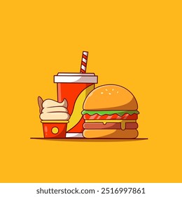 Burger Icon with Soda and Ice cream Vector Illustration. Hamburger Fast Food Logo. Cafe and Restaurant Menu. Flat Cartoon Style Suitable for Web Landing Page, Banner, Flyer, Sticker, Card, Background