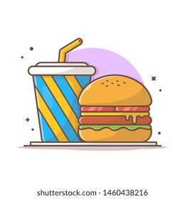 Burger Icon with Soda and Ice Vector Illustration. Hamburger Fast Food Logo. Cafe and Restaurant Menu. Flat Cartoon Style Suitable for Web Landing Page,  Banner, Flyer, Sticker, Card, Background
