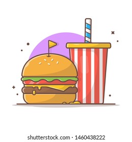 Burger Icon with Soda and Ice Vector Illustration. Hamburger Fast Food Logo. Cafe and Restaurant Menu. Flat Cartoon Style Suitable for Web Landing Page,  Banner, Flyer, Sticker, Card, Background