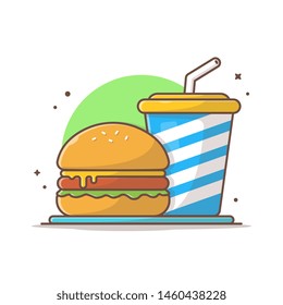 Burger Icon with Soda and Ice Vector Illustration. Hamburger Fast Food Logo. Cafe and Restaurant Menu. Flat Cartoon Style Suitable for Web Landing Page,  Banner, Flyer, Sticker, Card, Background