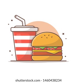 Burger Icon with Soda and Ice Vector Illustration. Hamburger Fast Food Logo. Cafe and Restaurant Menu. Flat Cartoon Style Suitable for Web Landing Page,  Banner, Flyer, Sticker, Card, Background