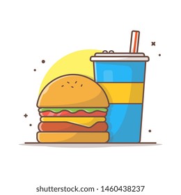 Burger Icon with Soda and Ice Vector Illustration. Hamburger Fast Food Logo. Cafe and Restaurant Menu. Flat Cartoon Style Suitable for Web Landing Page,  Banner, Flyer, Sticker, Card, Background
