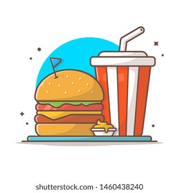 Burger Icon with Soda and Ice Vector Illustration. Hamburger Fast Food Logo. Cafe and Restaurant Menu. Flat Cartoon Style Suitable for Web Landing Page,  Banner, Flyer, Sticker, Card, Background