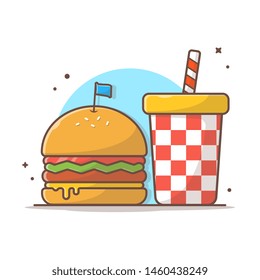 Burger Icon with Soda and Ice Vector Illustration. Hamburger Fast Food Logo. Cafe and Restaurant Menu. Flat Cartoon Style Suitable for Web Landing Page,  Banner, Flyer, Sticker, Card, Background