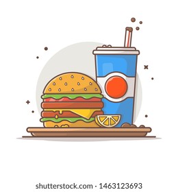 Burger Icon with Soda and Ice Vector Illustration. Hamburger Fast Food Logo. Cafe and Restaurant Menu. Flat Cartoon Style Suitable for Web Landing Page,  Banner, Flyer, Sticker, Card, Background