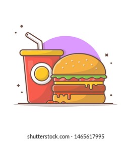 Burger Icon with Soda and Ice Vector Illustration. Hamburger Fast Food Logo. Cafe and Restaurant Menu. Flat Cartoon Style Suitable for Web Landing Page,  Banner, Flyer, Sticker, Card, Background