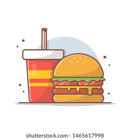 Burger Icon with Soda and Ice Vector Illustration. Hamburger Fast Food Logo. Cafe and Restaurant Menu. Flat Cartoon Style Suitable for Web Landing Page,  Banner, Flyer, Sticker, Card, Background