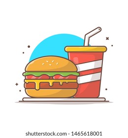 Burger Icon with Soda and Ice Vector Illustration. Hamburger Fast Food Logo. Cafe and Restaurant Menu. Flat Cartoon Style Suitable for Web Landing Page,  Banner, Flyer, Sticker, Card, Background