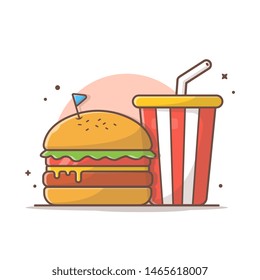 Burger Icon with Soda and Ice Vector Illustration. Hamburger Fast Food Logo. Cafe and Restaurant Menu. Flat Cartoon Style Suitable for Web Landing Page,  Banner, Flyer, Sticker, Card, Background