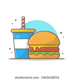 Burger Icon with Soda and Ice Vector Illustration. Hamburger Fast Food Logo. Cafe and Restaurant Menu. Flat Cartoon Style Suitable for Web Landing Page,  Banner, Flyer, Sticker, Card, Background