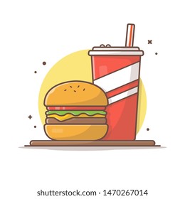 Burger Icon with Soda and Ice Vector Illustration. Hamburger Fast Food Logo. Cafe and Restaurant Menu. Flat Cartoon Style Suitable for Web Landing Page,  Banner, Flyer, Sticker, Card, Background