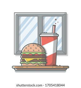 Burger Icon with Soda and Ice Vector Illustration. Hamburger Fast Food Logo. Cafe and Restaurant Menu. Flat Cartoon Style Suitable for Web Landing Page,  Banner, Flyer, Sticker, Card, Background