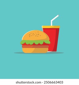 Burger Icon with Soda and Ice Vector Illustration. Hamburger Fast Food Logo. Cafe and Restaurant Menu. Flat Cartoon Style