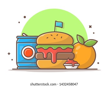 Burger Icon with Soda, Kechup, and Orange Fruit. Fast Food Logo. Cafe and Restaurant Menu. Flat Cartoon Style Suitable for Web Landing Page,  Banner, Flyer, Sticker, Card, Background