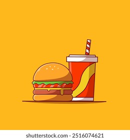 Burger Icon with Soda Vector Illustration. Hamburger Fast Food Logo. Cafe and Restaurant Menu. Flat Cartoon Style Suitable for Web Landing Page, Banner, Flyer, Sticker, Card, Background