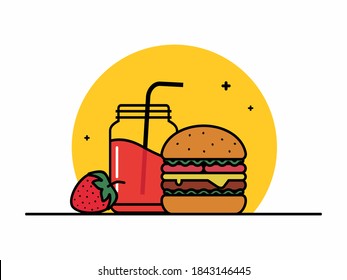 Burger icon with strawberry Juice. Fast Food Logo. Cafe and Restaurant Menu. Flat Cartoon Style Suitable for Web Landing Page, Banner, Flyer, Sticker, Card, Background