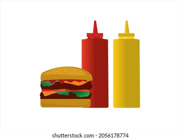 Burger icon with tomato sauce and mayonnaise bottle