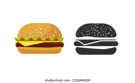 Burger icon vector flat silhouette or hamburger pictogram graphic illustration black white, sandwich or cheeseburger fast food unhealthy symbol isolated cut out clipart 