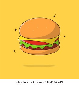 Burger icon. Vector illustration flat icon juicy delicious hamburger isolated on yellow background