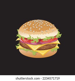 Burger icon. Vector illustration flat icon delicious hamburger isolated on black background.