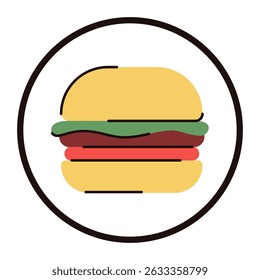 Burger icon vector isolated. Flat illustration of a fast food. Simple symbol of hamburger. Meat, lettuce, tomato and bread bun.