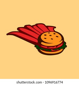 Burger icon. Vector isolated illustration of hamburger in a red raincoat like a superman, fast and saving. Brand label for fast food cafe, restaurant, menu design.