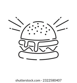 Burger icon vector isolated on white background, hamburger or fast food sign, thin symbols or lined elements in outline style. Snack, junk food and obesity