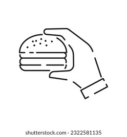 Burger icon vector isolated on white background, hamburger or fast food sign, thin symbols or lined elements in outline style. Snack, junk food and obesity illustration 