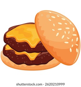 burger icon with wheat bun with congee and two beef patties and melted piece of cheddar cheese, for World Burger Day