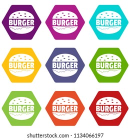 Burger icons 9 set coloful isolated on white for web