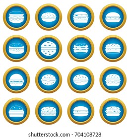 Burger icons blue circle set isolated on white for digital marketing