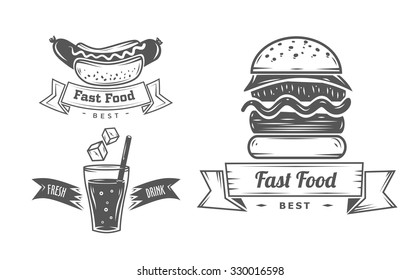 Burger icons, labels, signs, symbols and design elements. Vector collection of fast food badges.