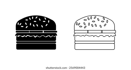 Burger icons. Linear and silhouette style. Vector icons.