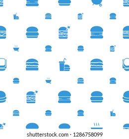 burger icons pattern seamless white background. Included editable filled double burger with flag, burger and drink, barbeque, sandwich icons. icons for web and mobile.