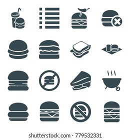 Burger icons. set of 16 editable filled burger icons such as burger, sandwich, no fast food, menu
