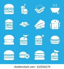Burger icons set. set of 16 burger filled icons such as no fast food, burger, sandwich